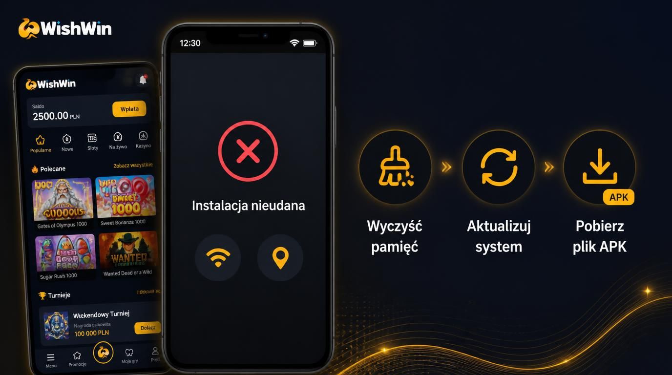 Interfejs telefonu z komunikatem o nieudanej instalacji aplikacji kasyna WishWin