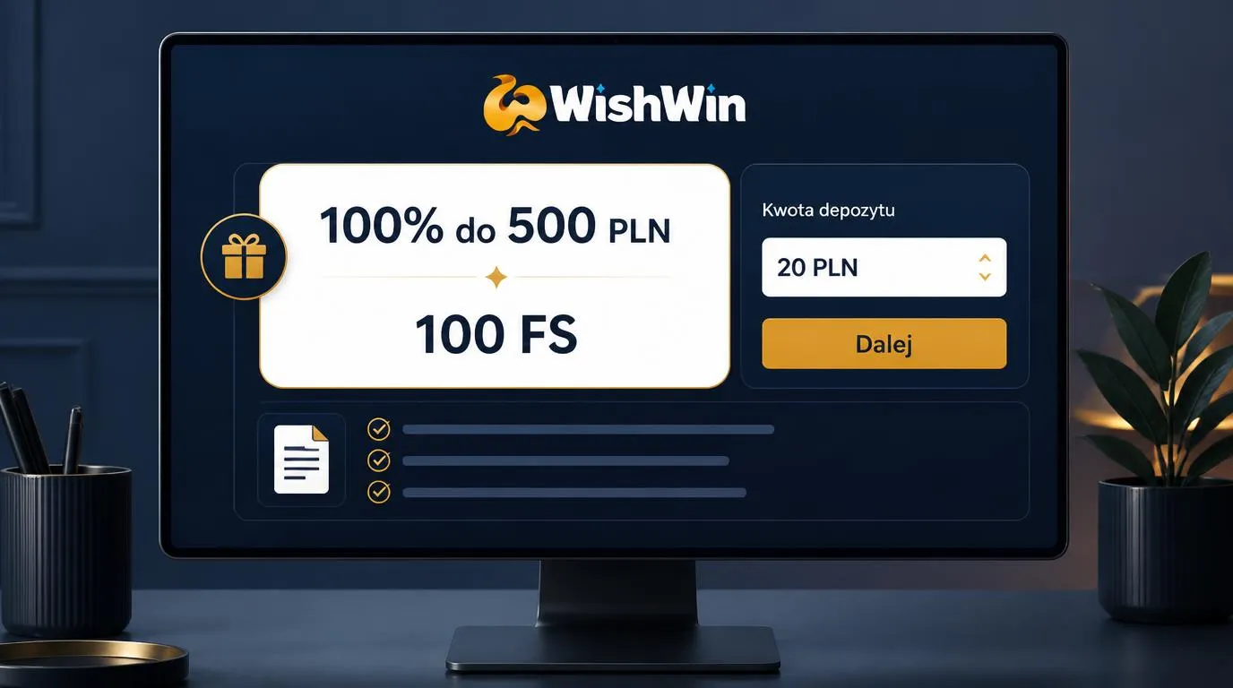 Panel bonusu powitalnego 100% do 500 PLN i 100 FS obok pola depozytu z kwotą 20 PLN
