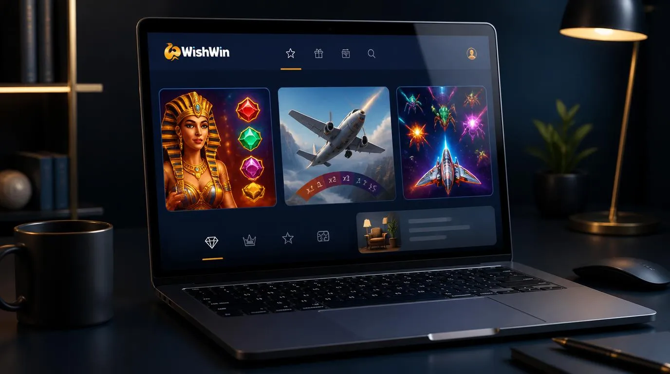 Laptop z katalogiem gier kasynowych, kafelkami automatów i gry crash na uporządkowanym ekranie