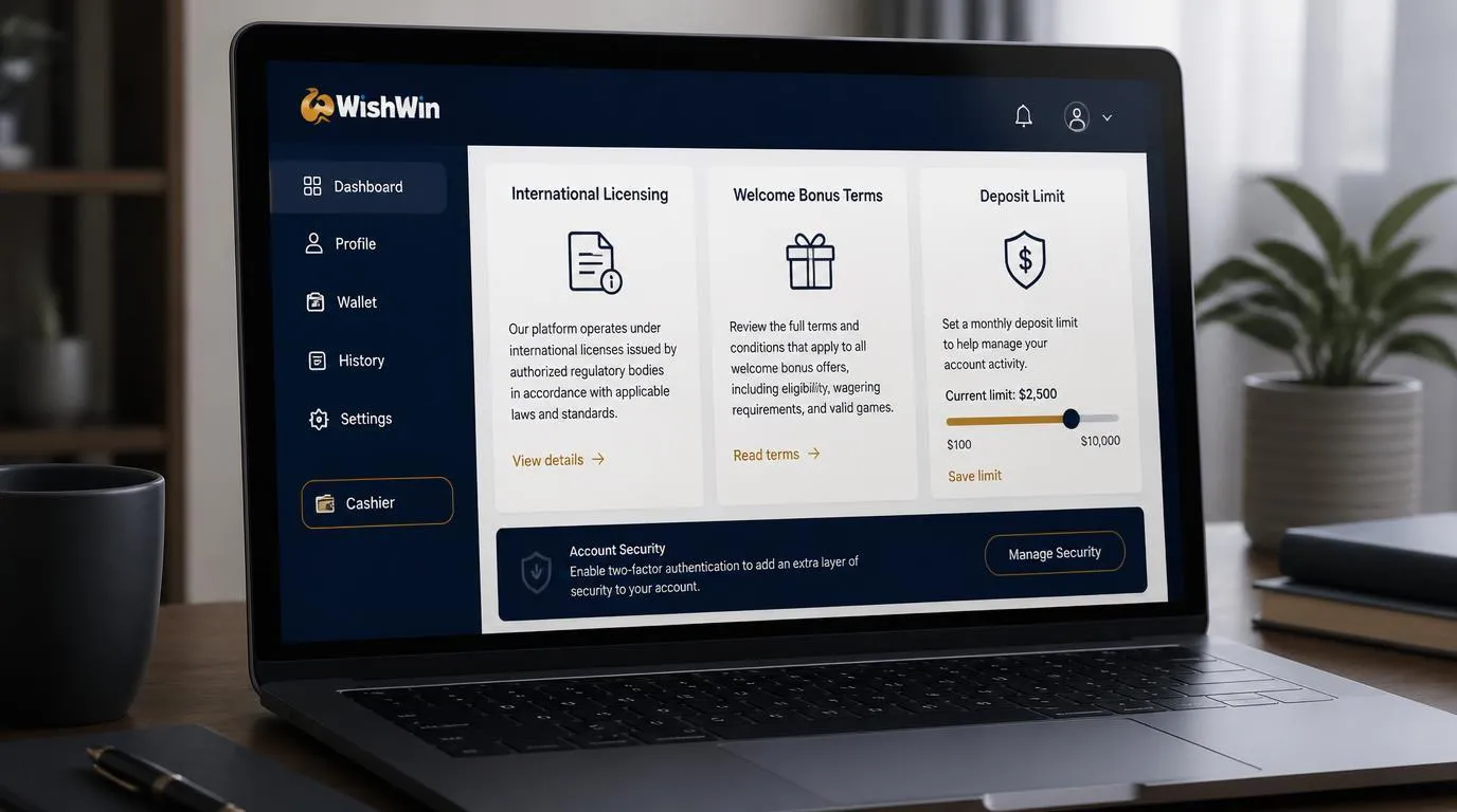 Panel kasyna z informacją o licencji międzynarodowej, warunkami bonusu i ustawieniem limitu wpłat